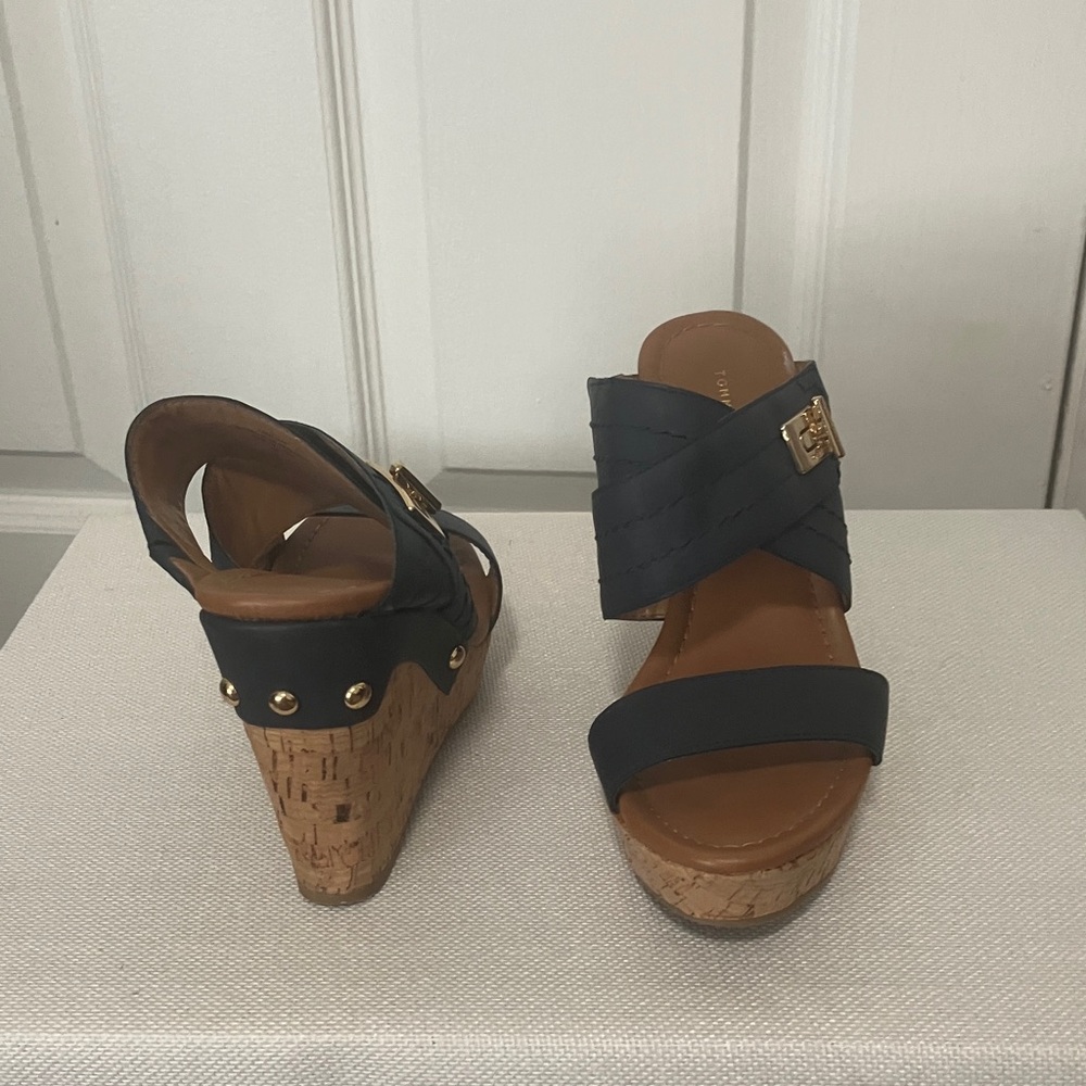 Tommy Hilfiger Black and Tan Wedge Sandals